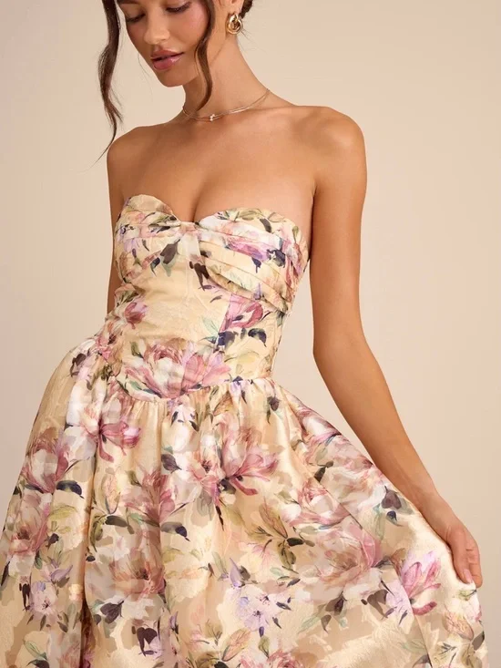 Lulus Kathani Light Yellow Floral Jacquard Bustier Maxi Dress - Size L - Picture 4 of 4